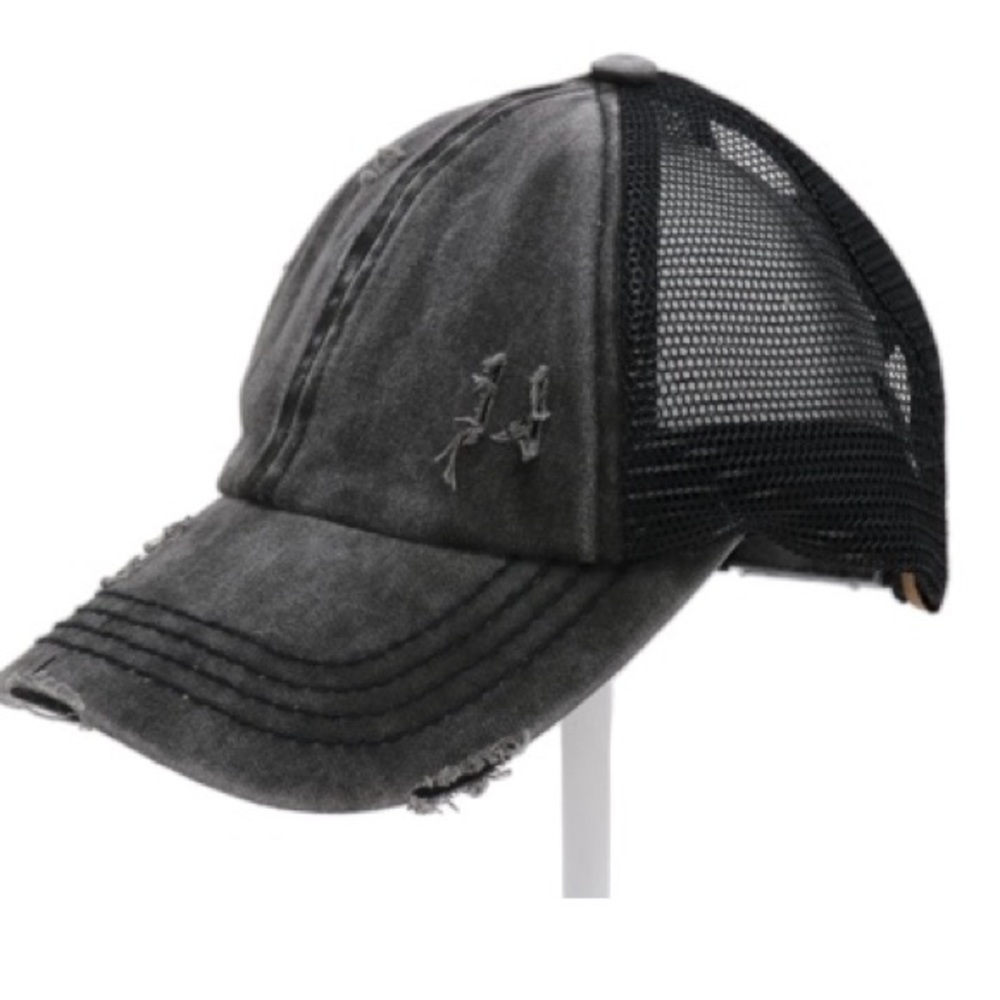 C.C. Beanie criss cross cap for pony tails on-the-go. Adjustable Velcro strap